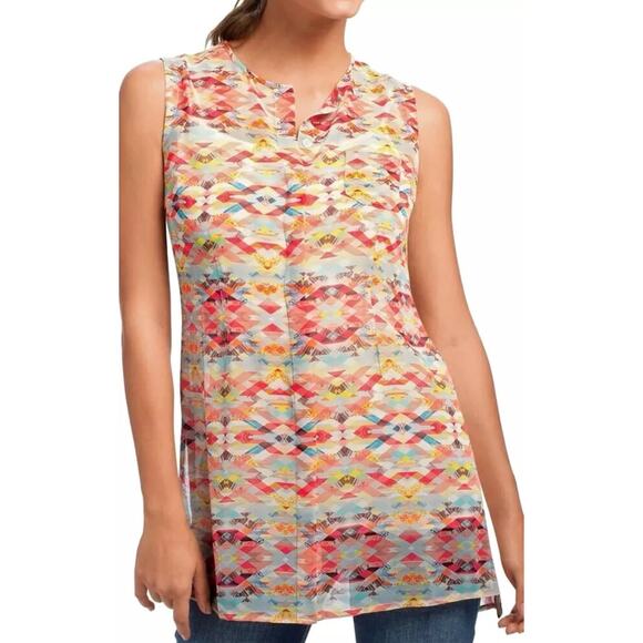 CABI 760 Pink Aztec Avery Sheer Sleeveless Button Down Blouse Top Career Small - Picture 1 of 7